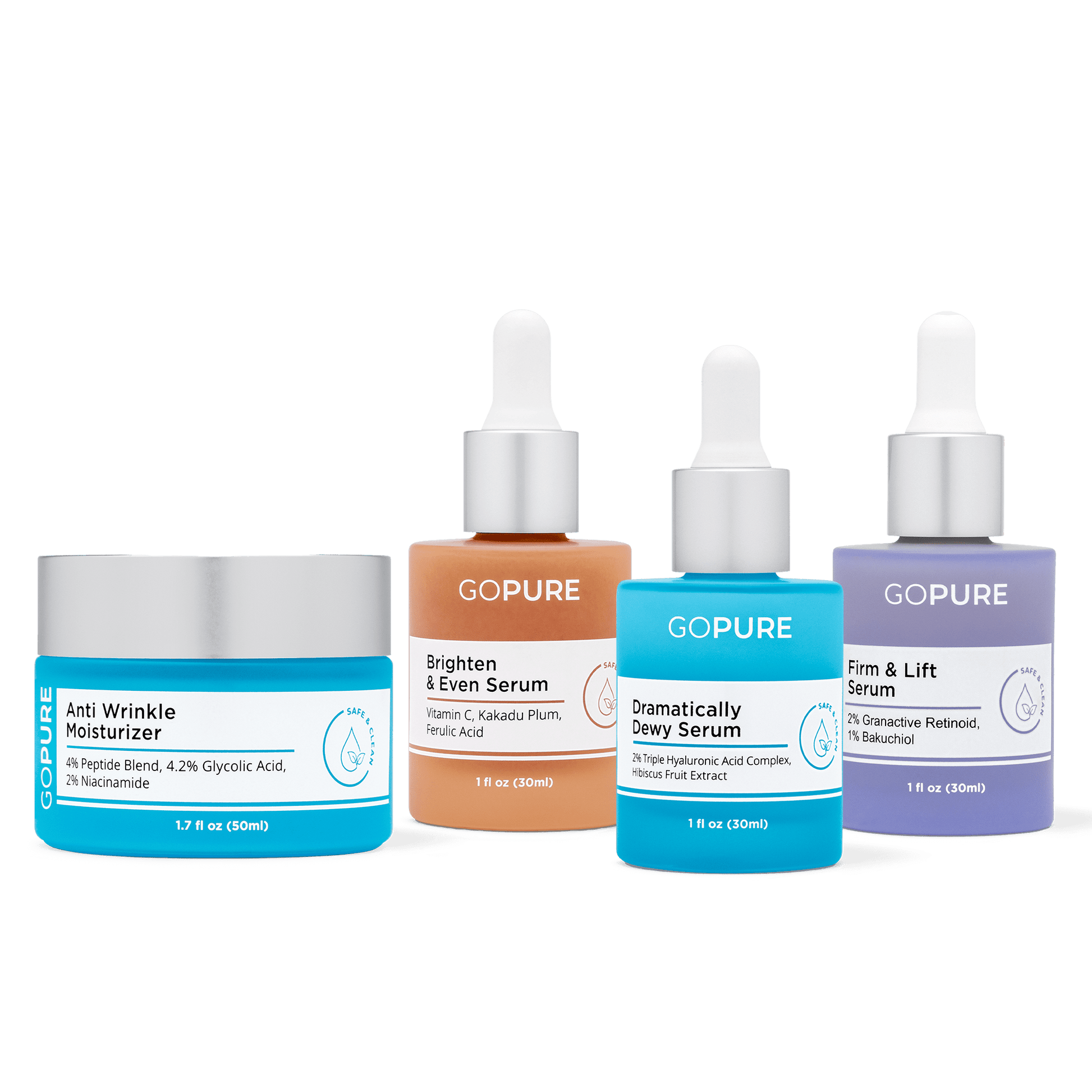 Image of one blue jar of anti wrinkle cream followed by three serums: Firm and Lift, dramatically dewy serum and brighten and even.