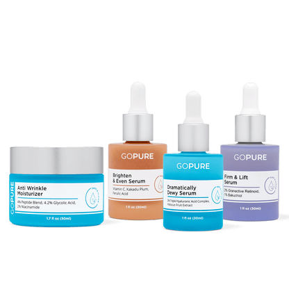 Image of one blue jar of anti wrinkle cream followed by three serums: Firm and Lift, dramatically dewy serum and brighten and even.