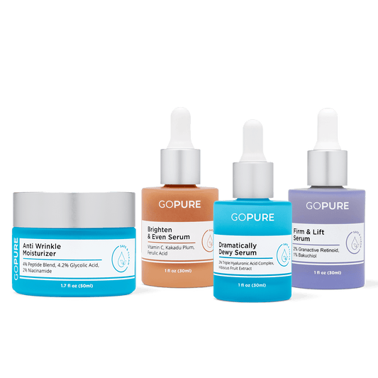 Image of one blue jar of anti wrinkle cream followed by three serums: Firm and Lift, dramatically dewy serum and brighten and even.