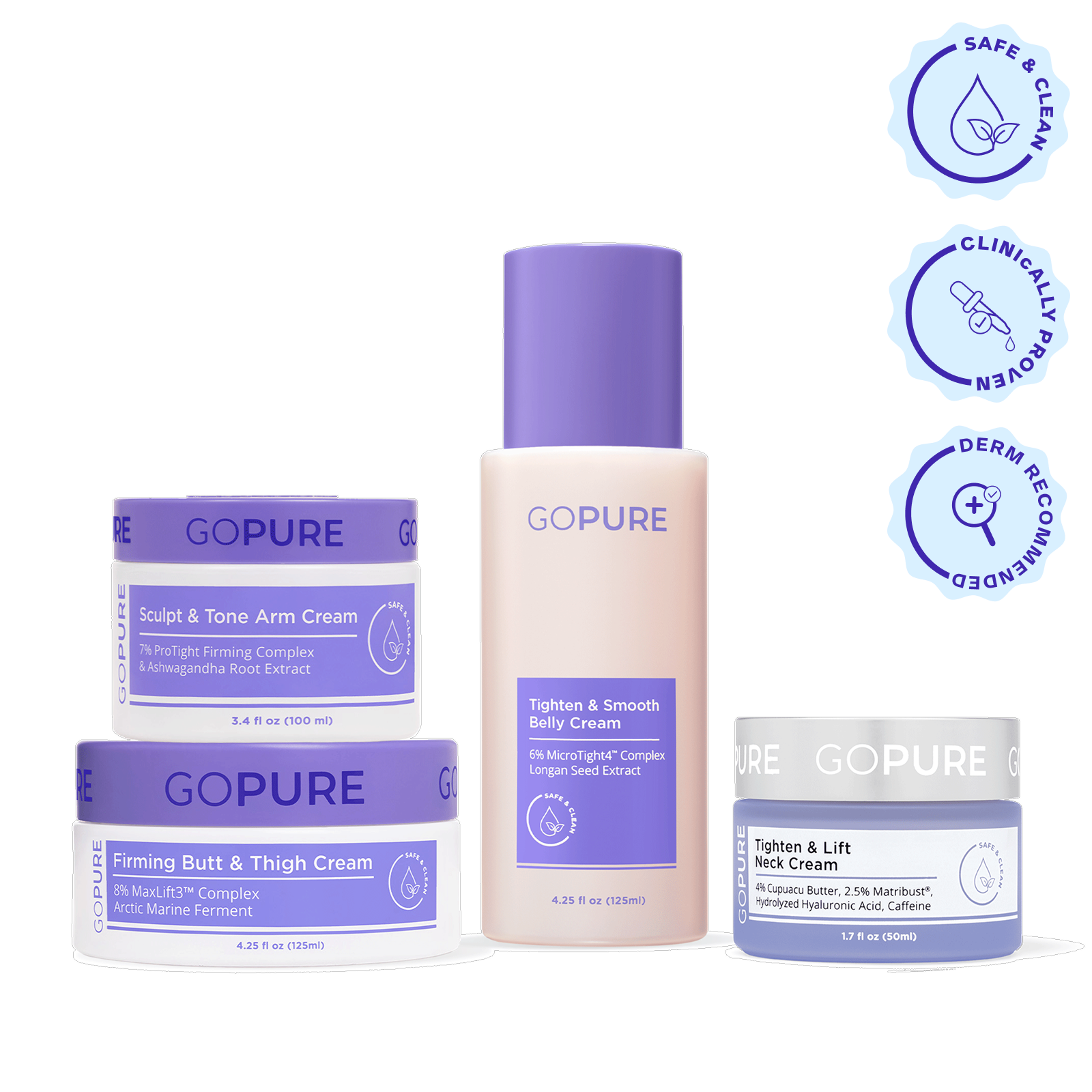 Four GoPure body and neck care products arranged side by side, including jars and a bottle labeled Sculpt & Tone Arm Cream, Firming Butt & Thigh Cream, Tighten & Smooth Belly Cream, and Tighten & Lift Neck Cream. Three round icons to the right read ‘Safe & Clean,’ ‘Clinically Proven,’ and ‘Derm Recommended.’