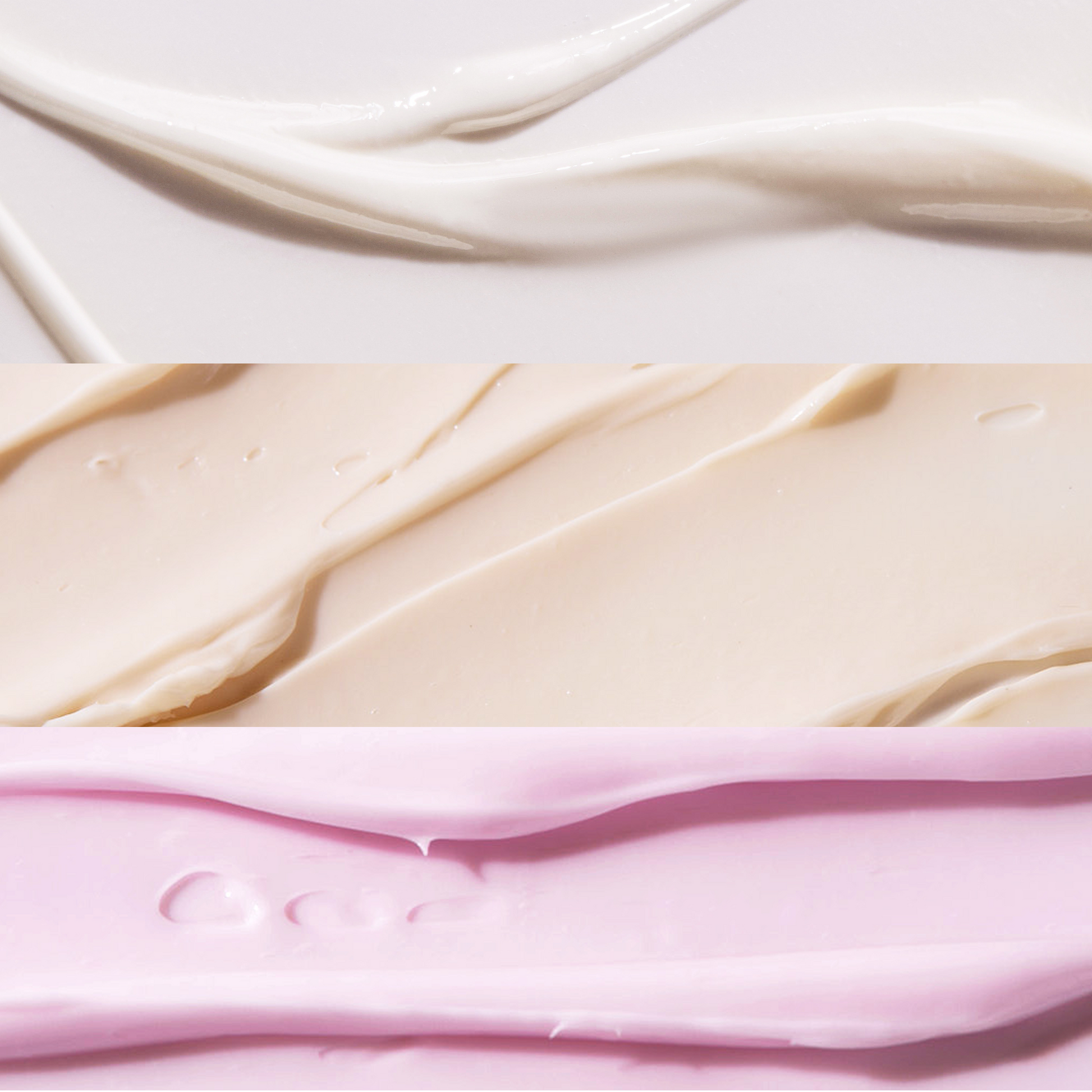 Close-up image showing three horizontal swatches of creamy skincare textures in different shades. The top layer is glossy white, the middle layer is a smooth beige cream, and the bottom layer is a light pink cream. The image highlights the rich, smooth consistency of skincare formulas.