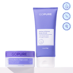 Two goPure skincare products are displayed against a white background — the Refine & Renew Body Scrub in a lavender squeeze tube and the Firming Butt & Thigh Cream in a matching lavender jar. Three circular icons appear on the right indicating that the products are safe & clean, clinically proven, and dermatologist recommended.