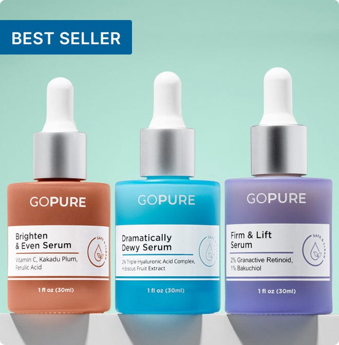 GoPure best-selling serums: Brighten & Even Serum with Vitamin C, Dramatically Dewy Serum with Hyaluronic Acid, and Firm & Lift Serum with Granactive Retinoid, on a light green background.