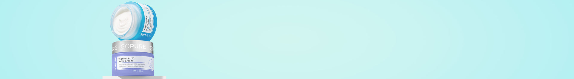 A display of two skincare products from GoPure, featuring a light blue jar and a purple jar labeled “Tighten & Lift Neck Cream.” The background is a gradient of blue tones, emphasizing the products.