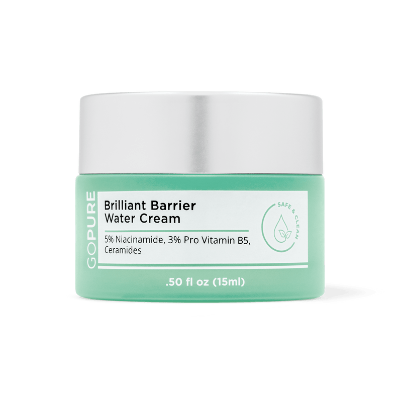 Jar of GoPure Brilliant Barrier Water Cream with a silver lid, containing 5% Niacinamide, 3% Pro Vitamin B5, and Ceramides, 0.5 fl oz (15 ml).