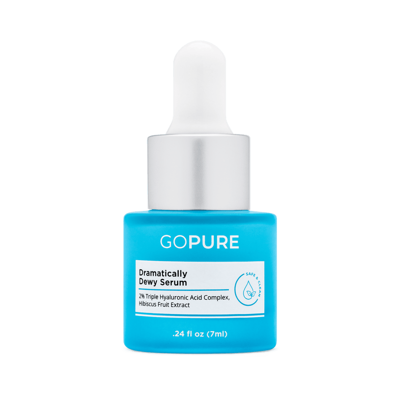 Blue bottle of GoPure Dramatically Dewy Serum with dropper cap, containing 2% Triple Hyaluronic Acid Complex and Hibiscus Fruit Extract, 0.24 fl oz (7 ml).