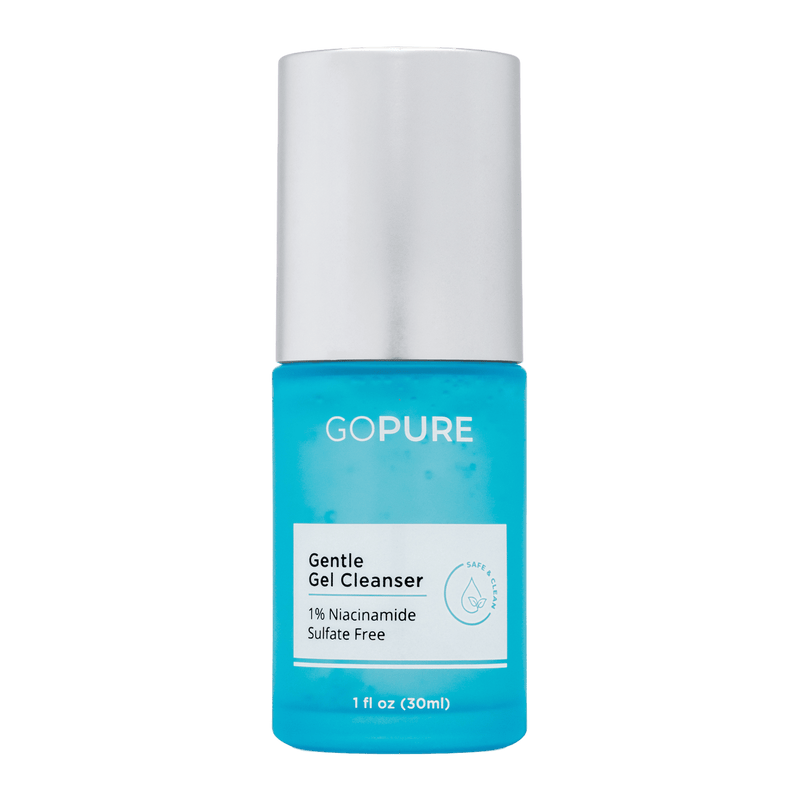 Blue bottle of GoPure Gentle Gel Cleanser with a silver cap, containing 1% Niacinamide, Sulfate Free, 1 fl oz (30 ml).