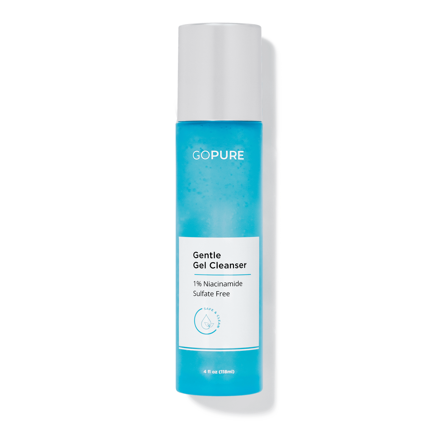 Blue bottle of GoPure's Gentle Gel Cleanser labeled as sulfate-free containing 1% Niacinamide. 4 fl oz