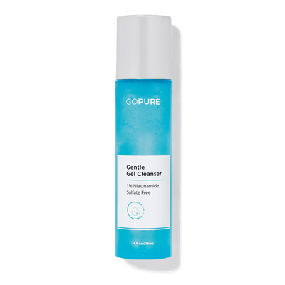 Blue bottle of GoPure's Gentle Gel Cleanser labeled as sulfate-free containing 1% Niacinamide. 4 fl oz