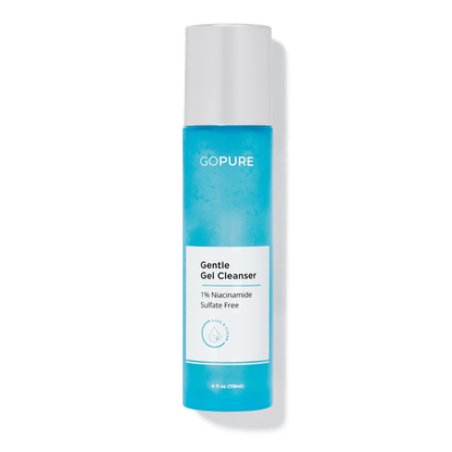 Blue bottle of GoPure's Gentle Gel Cleanser labeled as sulfate-free containing 1% Niacinamide. 4 fl oz