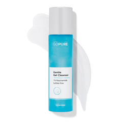 Blue bottle of GoPure's Gentle Gel Cleanser labeled as sulfate-free containing 1% Niacinamide. 4 fl oz