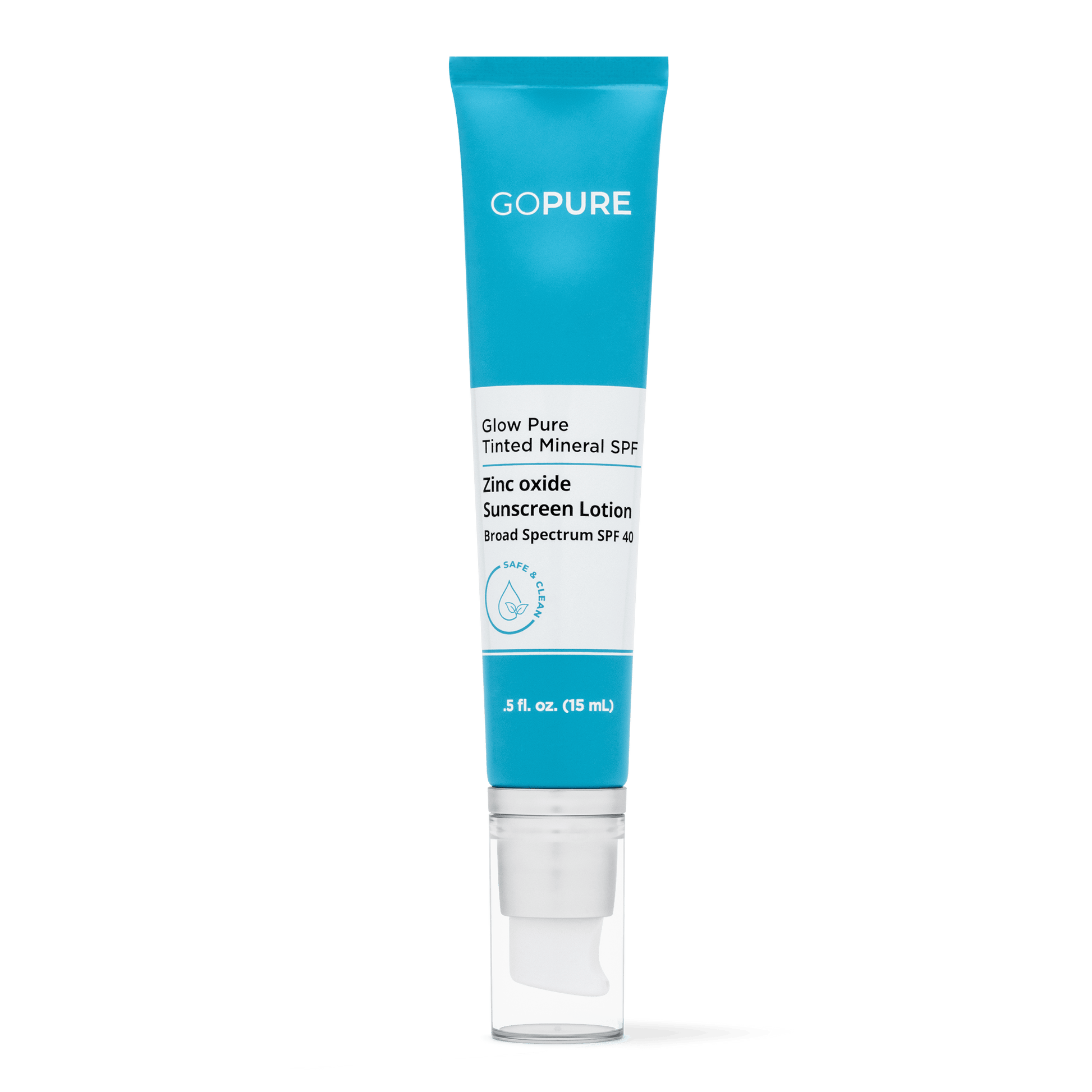 Tube of GoPure Glow Pure Tinted Mineral SPF 40 Zinc Oxide Sunscreen Lotion, Broad Spectrum, 0.5 fl oz (15 ml).