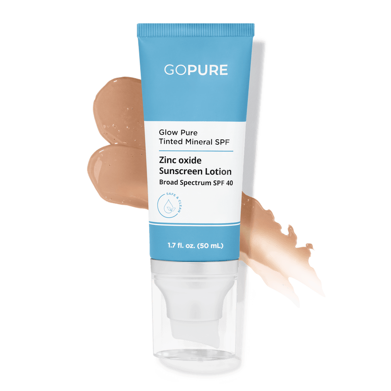 Tube of GoPure's Glow Pure Tinted Mineral SPF Sunscreen Lotion with a swatch showing the tinted formula. Zinc oxide based, Broad Spectrum SPF 40, in a 1.7 fl oz size.