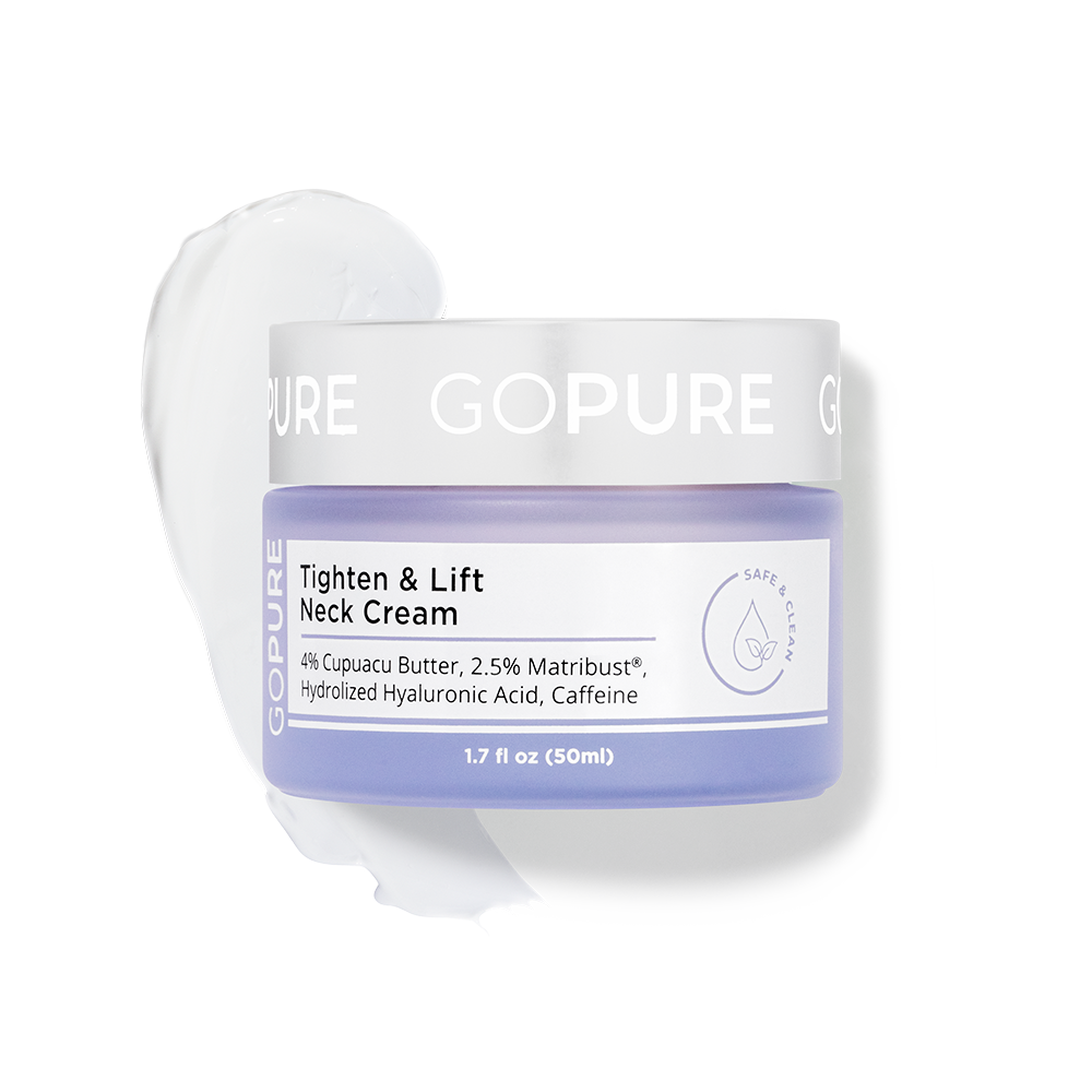 Purple jar of GoPure’s Tighten & Lift Neck Cream. Ingredients contain Cupuacu Butter, Matribust®, Hydrolized Hyaluronic Acid and Caffeine. 1.7 fl oz.