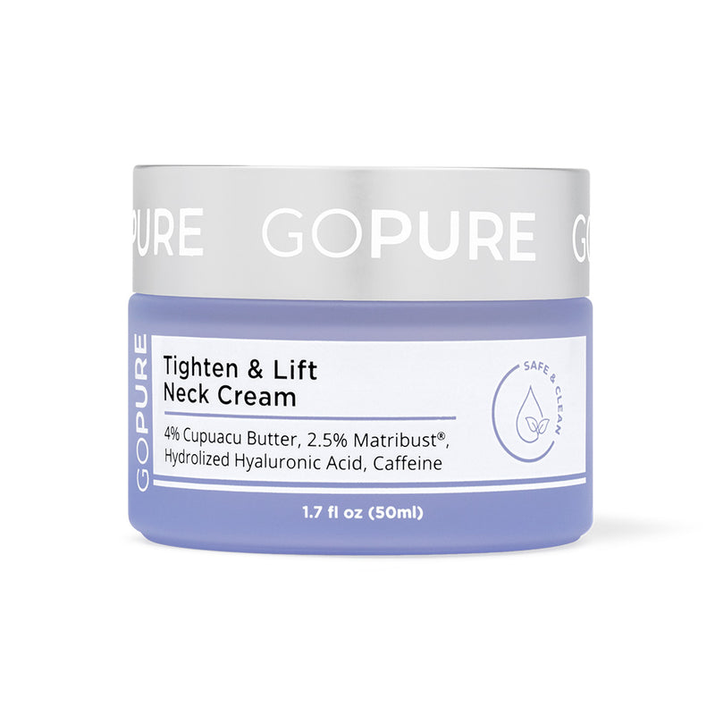 GoPure Tighten & Lift Neck Cream in a 1.7 fl oz jar with a white lid and a purple base.