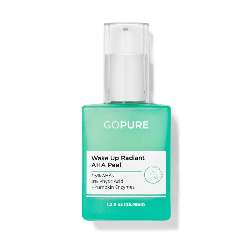 Image of goPure's Wake Up Radiant AHA Peel in a 1.2 fl oz green bottle 