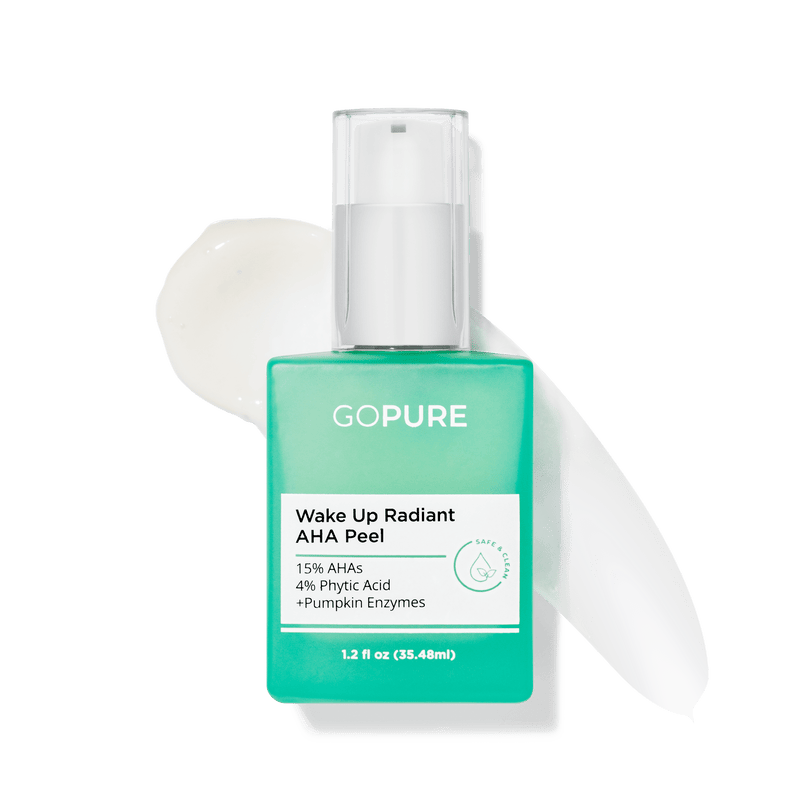 Image of goPure's Wake Up Radiant AHA Peel in a 1.2 fl oz green bottle 