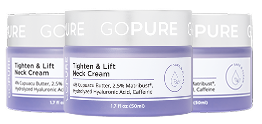 Three jars of GoPure Tighten & Lift Neck Cream against a light blue background. The label highlights 4% Cupuacu Butter, 2.5% Matrixyl®, Hydrolyzed Hyaluronic Acid, and Caffeine.