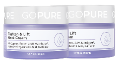 Two jars of GoPure Tighten & Lift Neck Cream stacked against a light blue background. The label highlights 4% Cupuacu Butter, 2.5% Matrixyl®, Hydrolyzed Hyaluronic Acid, and Caffeine.