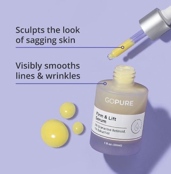 Bottle of GoPure Firm & Lift Serum with 2% Granactive Retinoid and 1% Bakuchiol on a light purple background. Text highlights benefits: "Sculpts the look of sagging skin" and "Visibly smooths lines & wrinkles."