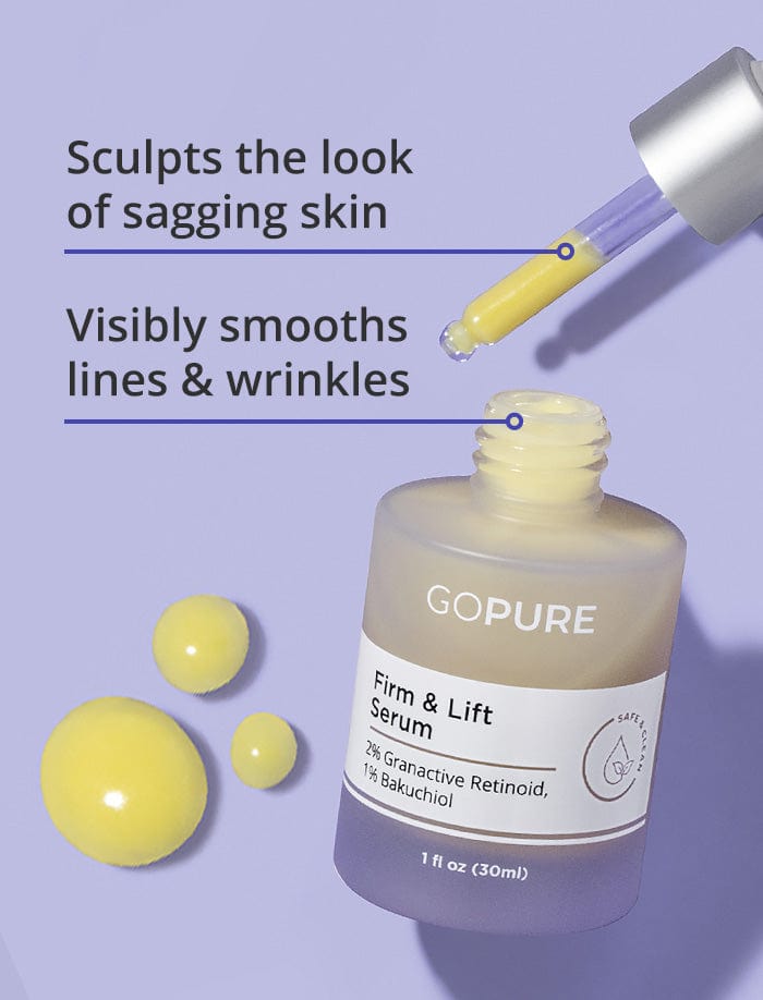 Bottle of GoPure Firm & Lift Serum with 2% Granactive Retinoid and 1% Bakuchiol on a light purple background. Text highlights benefits: "Sculpts the look of sagging skin" and "Visibly smooths lines & wrinkles."