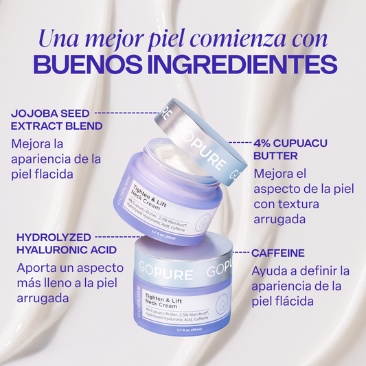 Four skincare products from GOPURE are displayed on a light pink background. From left to right: a jar of "Sculpt & Tone Arm Cream," a jar of "Firming Butt & Thigh Cream," a bottle of "Tighten & Smooth Belly Cream," and a jar of "Tighten & Lift Neck Cream." Each product features a purple lid or label, highlighting their unique formulations aimed at firming and tightening various body areas. The overall aesthetic is clean and modern, emphasizing the brand's commitment to effective skincare.