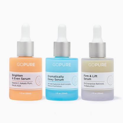 3 serums in 1 fl oz bottles. A blue bottle for the Dramatically Dewy Serum that contains Triple Hyaluronic Acid Complex and Hibiscus Fruit Extract; a peach-color bottle for the Brighten & Even Serum with Vitamin C, Kakadu Plum, and Ferulic Acid; and the Firm & Lift Serum with Granactive Retinoid and Bakuchiol.