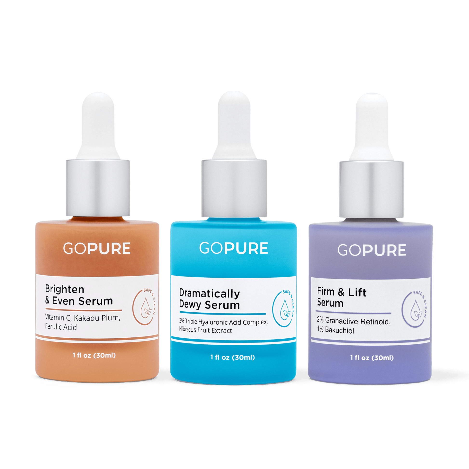 3 serums in 1 fl oz bottles. A blue bottle for the Dramatically Dewy Serum that contains Triple Hyaluronic Acid Complex and Hibiscus Fruit Extract; a peach-color bottle for the Brighten & Even Serum with Vitamin C, Kakadu Plum, and Ferulic Acid; and a purple bottle for the Firm & Lift Serum with Granactive Retinoid and Bakuchiol.