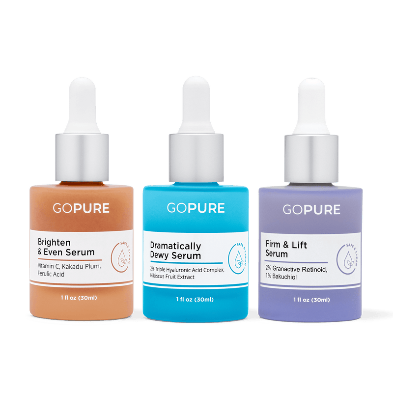 3 serums in 1 fl oz bottles. A blue bottle for the Dramatically Dewy Serum that contains Triple Hyaluronic Acid Complex and Hibiscus Fruit Extract; a peach-color bottle for the Brighten & Even Serum with Vitamin C, Kakadu Plum, and Ferulic Acid; and a purple bottle for the Firm & Lift Serum with Granactive Retinoid and Bakuchiol.