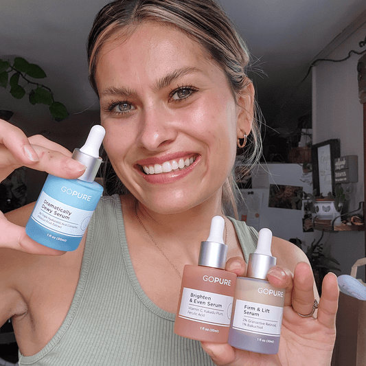 3 serums in 1 fl oz bottles. A blue bottle for the Dramatically Dewy Serum that contains Triple Hyaluronic Acid Complex and Hibiscus Fruit Extract; a peach-color bottle for the Brighten & Even Serum with Vitamin C, Kakadu Plum, and Ferulic Acid; and a purple bottle for the Firm & Lift Serum with Granactive Retinoid and Bakuchiol.