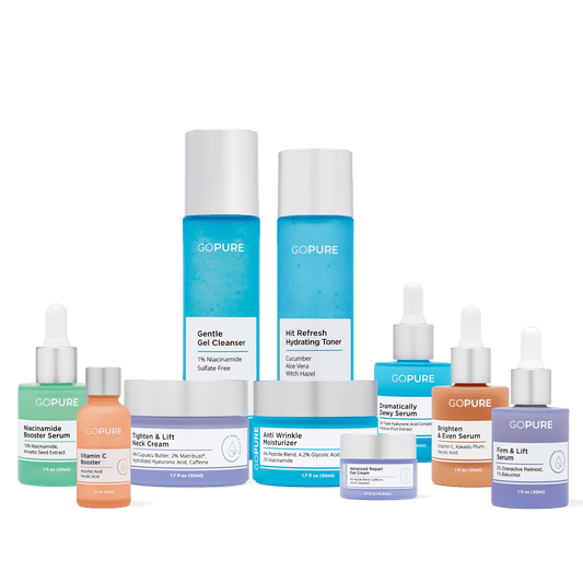 Image featuring gopure’s cleanser and toner bottles with four serums: 'dramatically dewy,' 'brighten and even,' 'Firm and Lift,' and niacinamide. Also shown are three creams: eye cream, anti-wrinkle cream, and eye and neck cream, alongside a vitamin C booster bottle.