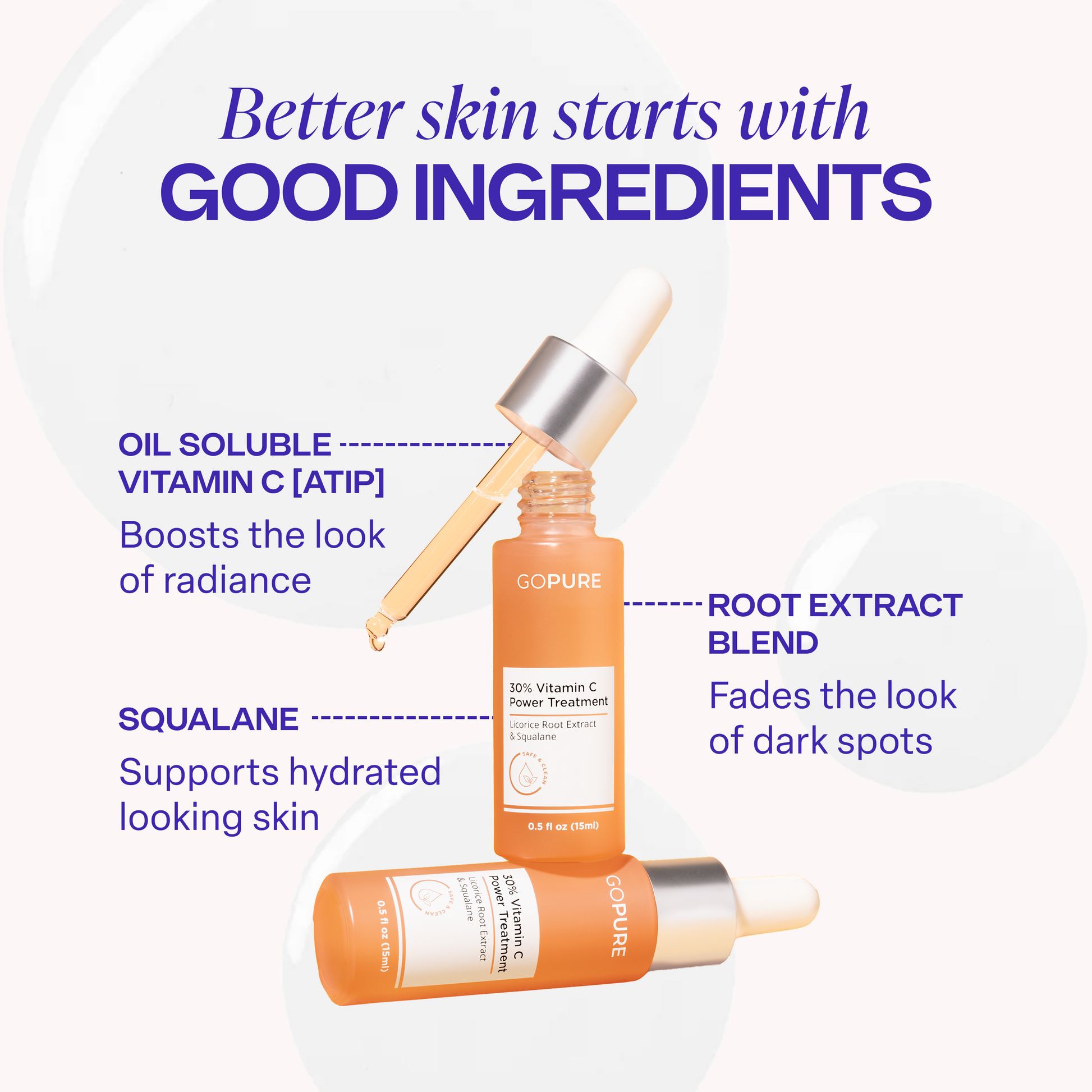 30% Vitamin C Power Treatment featuring two orange serum bottles. Text highlights key ingredients: “Oil Soluble Vitamin C (ATIP) – boosts the look of radiance,” “Squalane – supports hydrated looking skin,” and “Root Extract Blend – fades the look of dark spots.” The headline reads, “Better skin starts with good ingredients.”