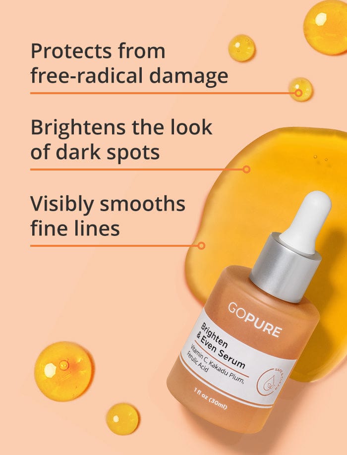 GoPure Brighten & Even Serum bottle with text highlighting benefits: protects from free-radical damage, brightens dark spots, and visibly smooths fine lines.