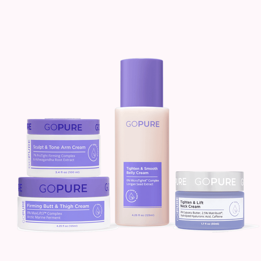 Four skincare products from GOPURE are displayed on a light pink background. From left to right: a jar of "Sculpt & Tone Arm Cream," a jar of "Firming Butt & Thigh Cream," a bottle of "Tighten & Smooth Belly Cream," and a jar of "Tighten & Lift Neck Cream." Each product features a purple lid or label, highlighting their unique formulations aimed at firming and tightening various body areas. The overall aesthetic is clean and modern, emphasizing the brand's commitment to effective skincare.