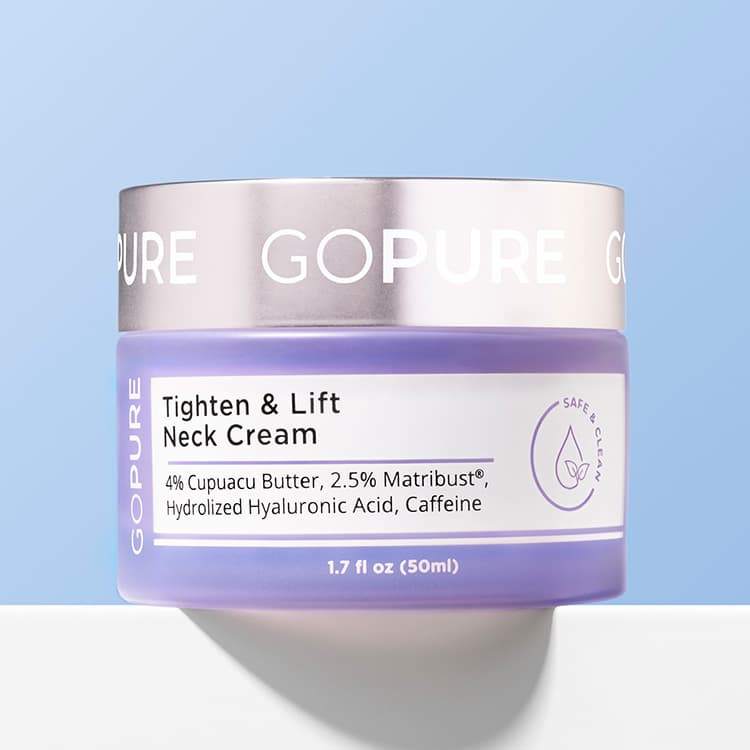 Jar of GoPure Tighten & Lift Neck Cream against a light blue background. The label highlights 4% Cupuacu Butter, 2.5% Matrixyl®, Hydrolyzed Hyaluronic Acid, and Caffeine.