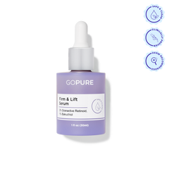 Bottle of goPure Firm & Lift Serum with a white dropper cap and purple label. The label reads: “2% Granactive Retinoid, 1% Bakuchiol.” Three icons beside the bottle indicate “Safe & Clean,” “Clinically Proven,” and “Dermatologist Recommended.”